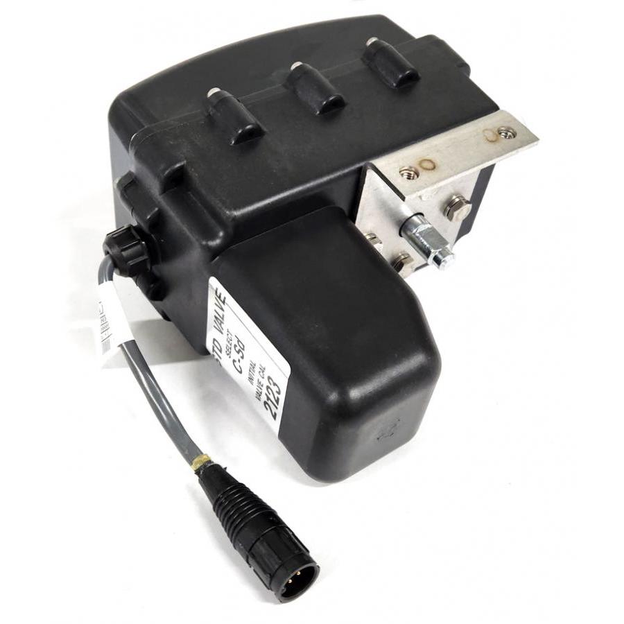 Black plastic industrial valve actuator with a metal mounting bracket and a wired connector cable on a white background.