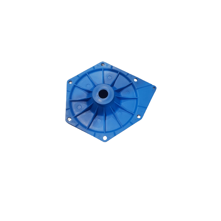Blue molded plastic pump housing with a central hub, reinforced ribs, and six mounting holes on a white background.