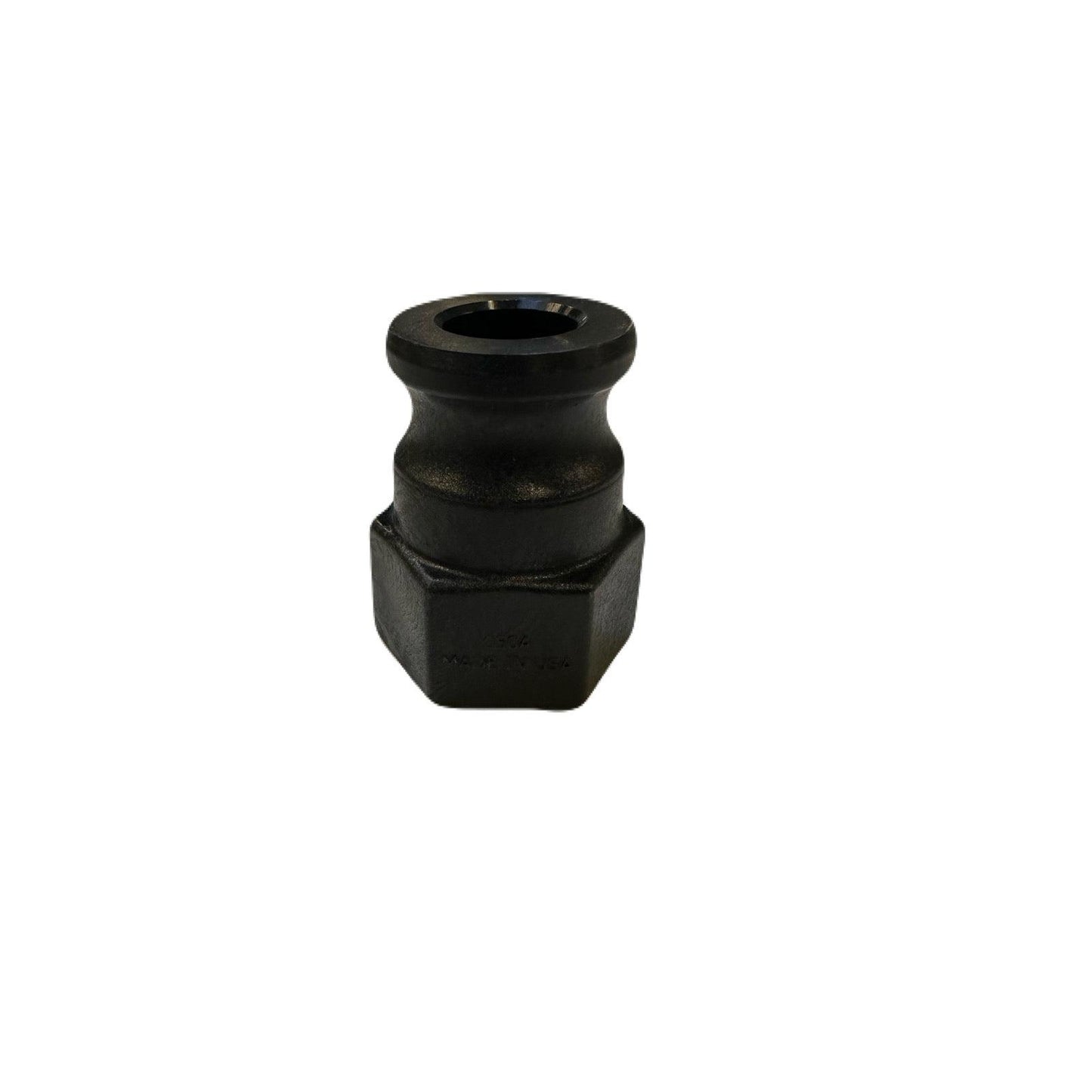 Black 075A camlock adapter with a hexagonal base and grooved cylindrical top, made in the USA.