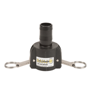 Banjo 100C black polypropylene cam lever coupler with stainless steel locking arms and rings.