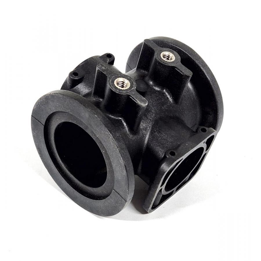 Black molded plastic multi-port connector with threaded metal inserts and circular flange mounting points.