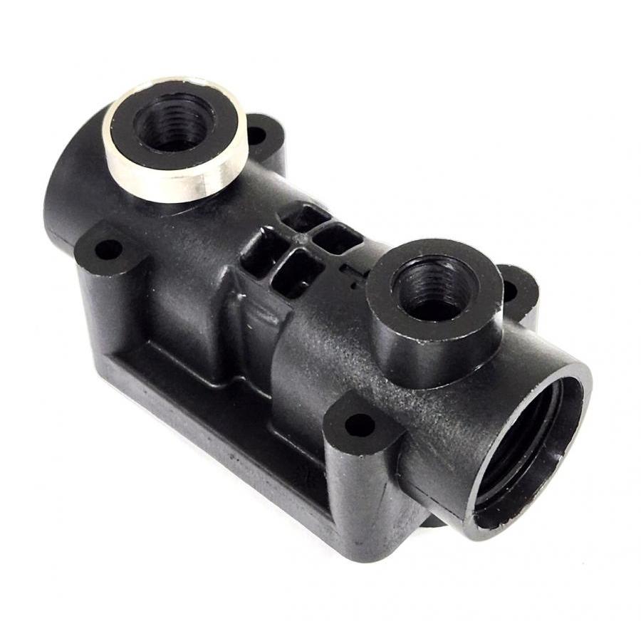 Black molded plastic hydraulic valve body with threaded ports and a silver metal ring insert on a white background.