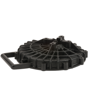 Black circular plastic component with a ribbed structural design and an integrated side handle.