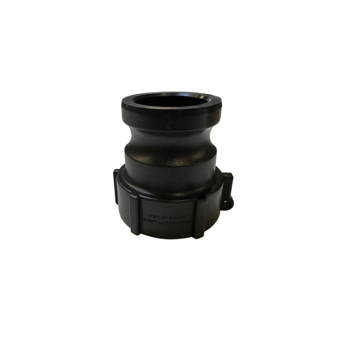 Black polypropylene 150A camlock adapter with a grooved cylindrical body and threaded base for industrial hose connections.
