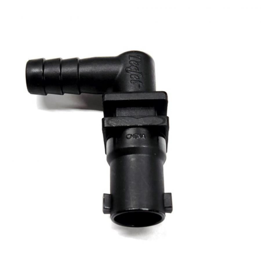 Black plastic TeeJet 90-degree elbow hose barb fitting with a quick-connect locking mechanism.