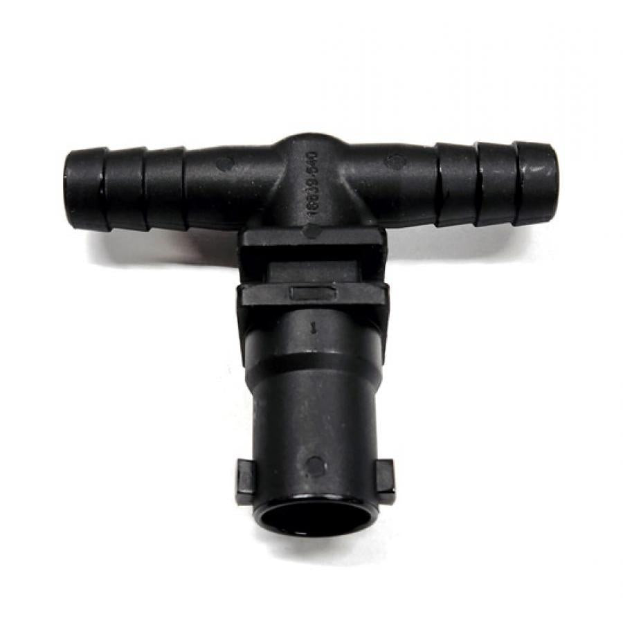 Black plastic T-shaped hose connector with ribbed ends and a locking mechanism for automotive cooling systems.