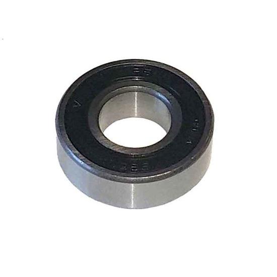 Steel ball bearing with a black rubber seal and polished metal outer ring isolated on a white background.
