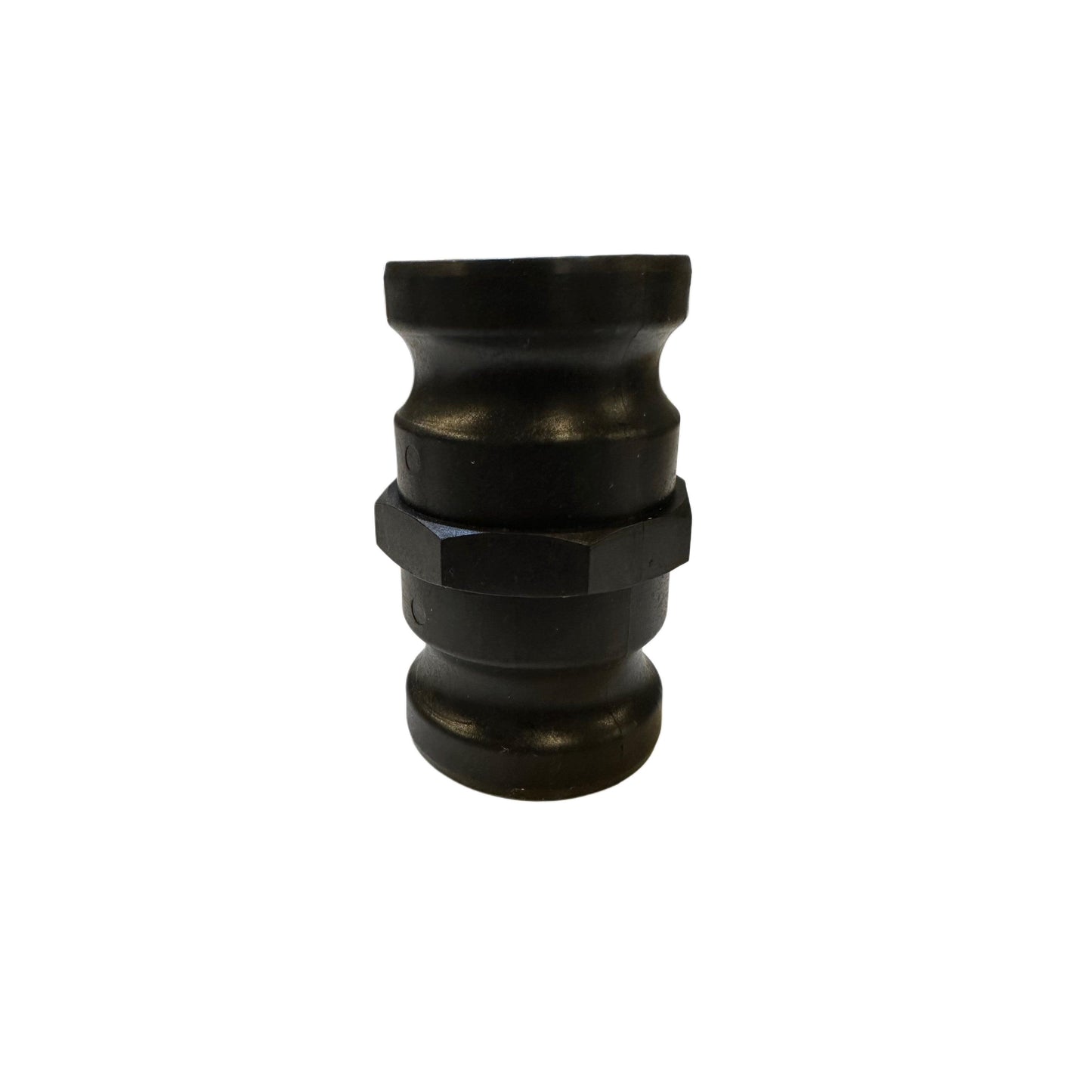 Black 200FF (G) polypropylene camlock adapter with a central hexagonal nut for secure pipe connection.