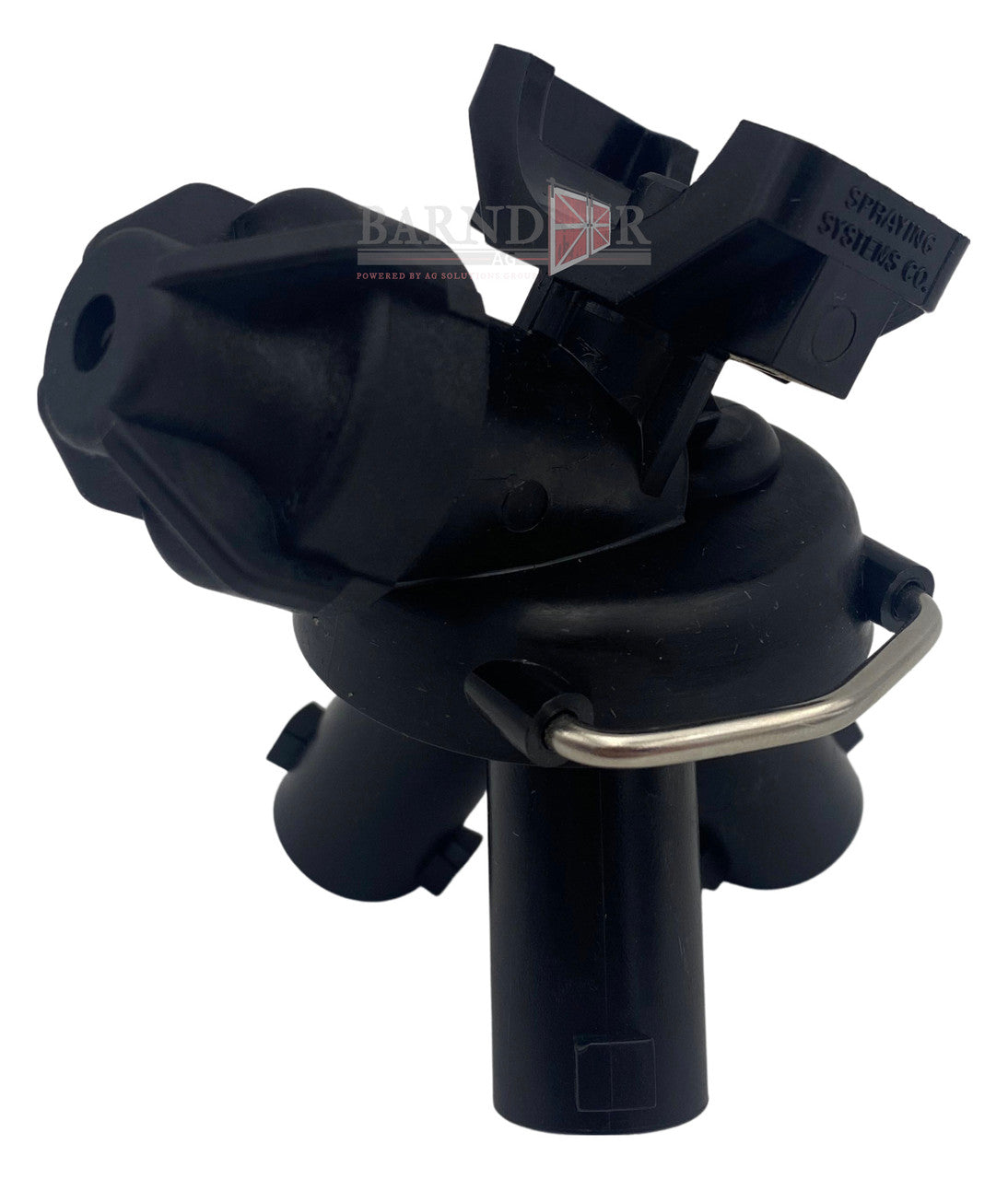 Black 3/4-inch nylon multi-outlet spray nozzle body with a metal retaining clip for agricultural spraying systems.