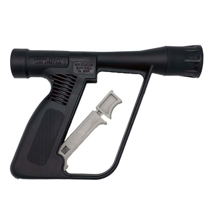 Black 25660-3.0 TeeJet lawn spray gun with a textured grip and a light gray trigger mechanism against a white background.