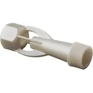 Off-white plastic spray nozzle with a threaded base and a tapered, open-ended tip for industrial irrigation systems.