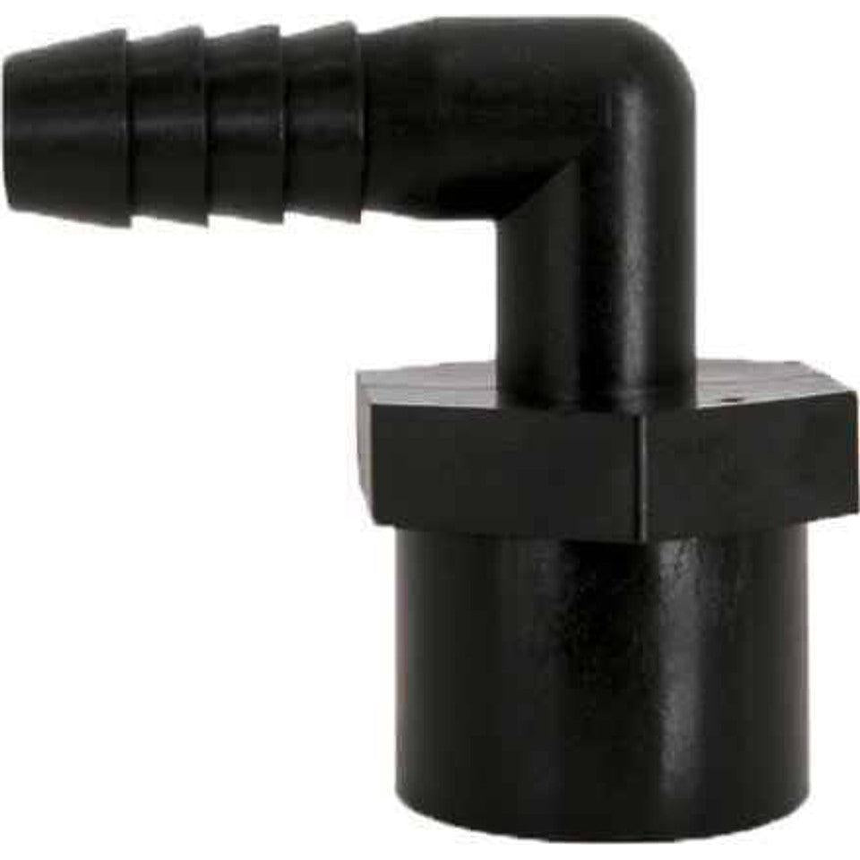 Black plastic 90-degree elbow hose barb fitting with a hexagonal base for secure plumbing connections.