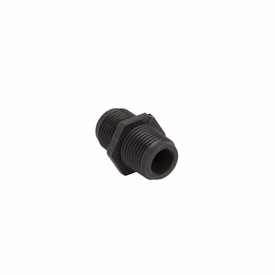 Black plastic 3M14 hex nipple fitting with male NPT threaded ends for plumbing and industrial connections.