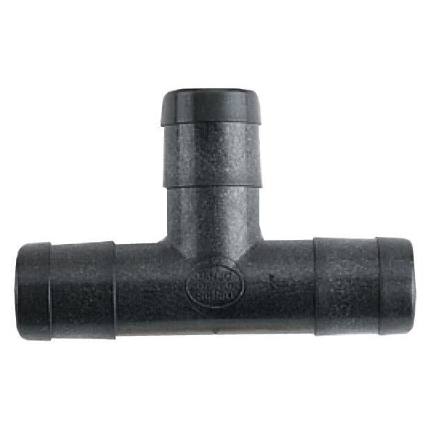 Black plastic T-shaped barbed irrigation fitting for connecting flexible tubing in plumbing systems.