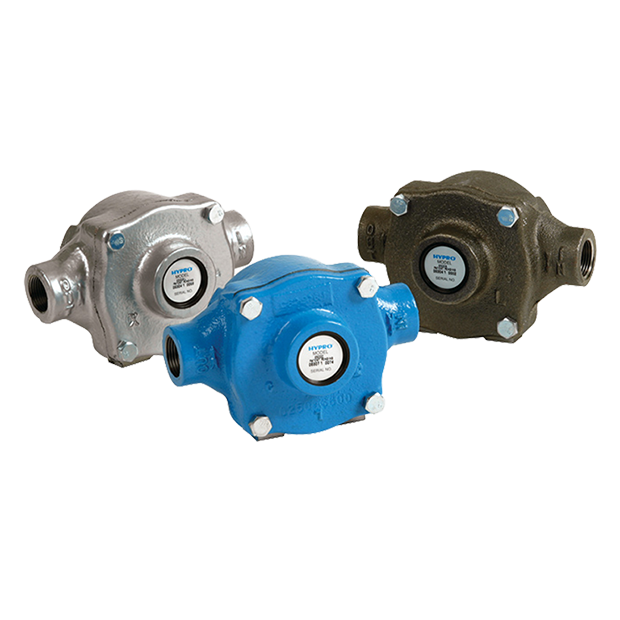 Three Hypro 6500C-T3 centrifugal pump housings in silver, blue, and dark cast iron finishes with bolt-on covers.