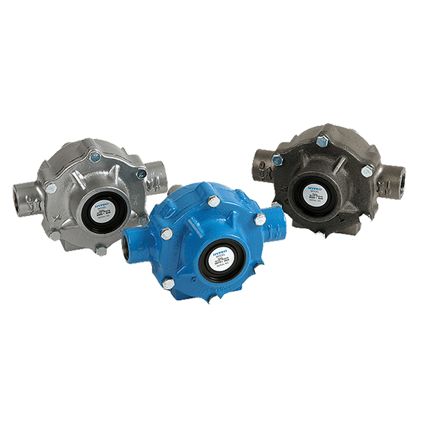 Three Hypro 7560C-T3 centrifugal pumps in silver, blue, and black cast iron with central ports and bolt-on construction.