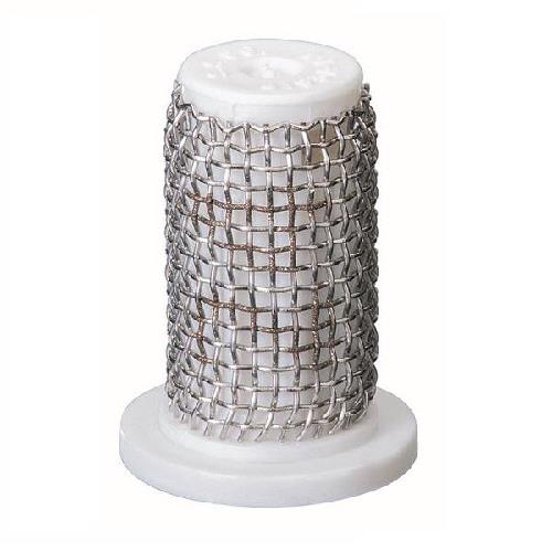 Cylindrical replacement filter with a white plastic base and top, featuring a fine stainless steel wire mesh screen.