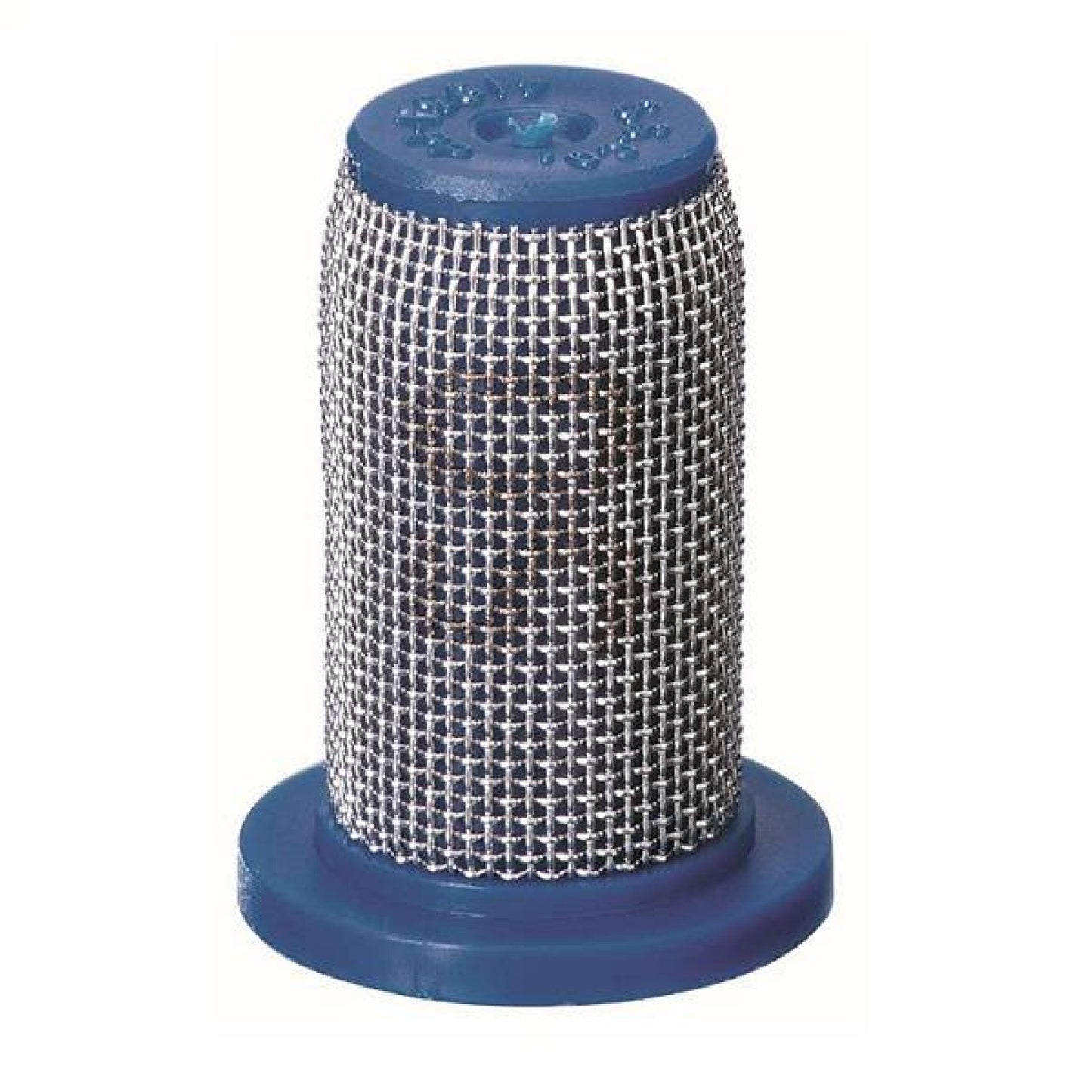 Cylindrical 8079-PP-50 filter with a fine stainless steel mesh screen and durable blue plastic end caps.