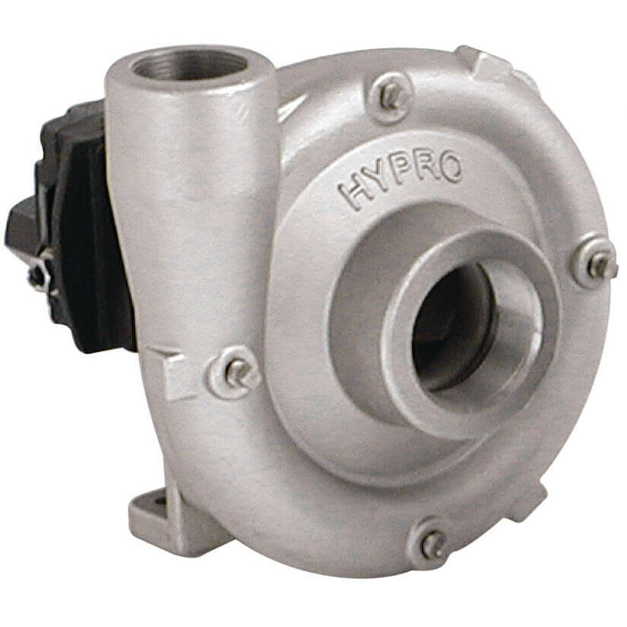 Hypro 9306S-HM3C silver stainless steel centrifugal pump with a circular housing and threaded inlet and outlet ports.
