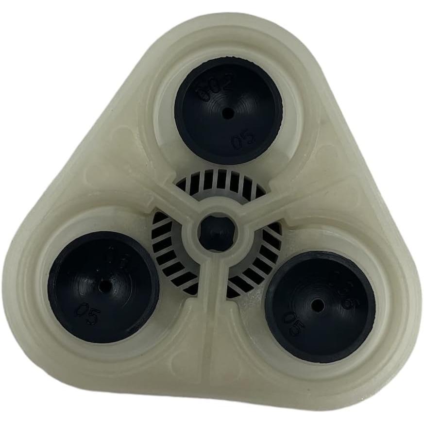 Triangular white plastic shaver replacement head with three black circular blades and a central gear mechanism.
