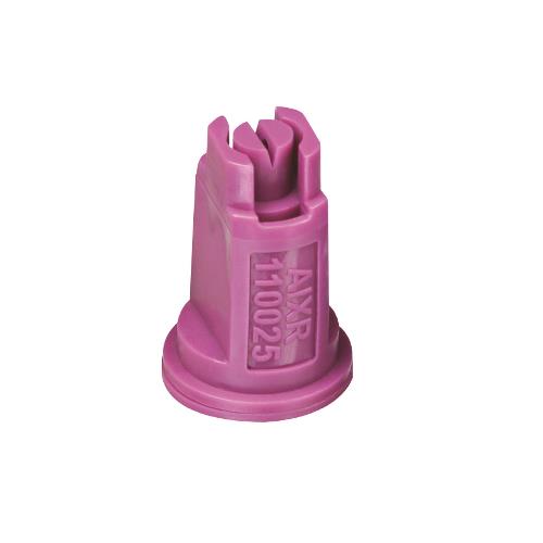 Purple AIXR110025VP plastic spray nozzle with a flat fan tip and embossed model number on a white background.