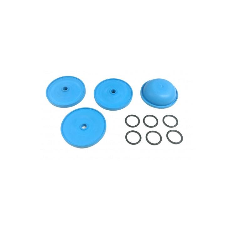 AR43251 repair kit featuring four blue circular rubber diaphragms and six black O-ring seals on a white background.