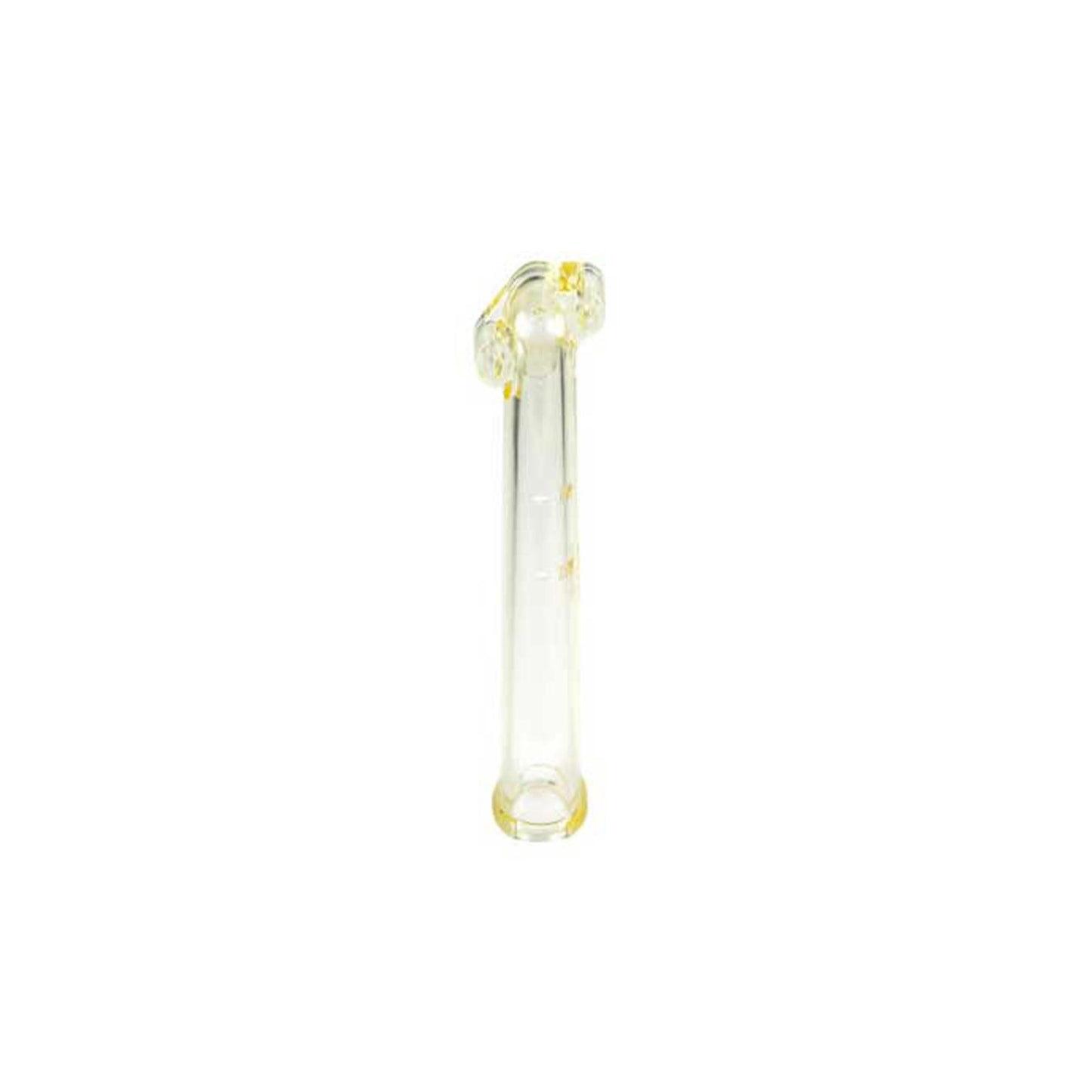 Clear glass dental suction tip with a yellow-tinted, curved top and cylindrical body for clinical use.