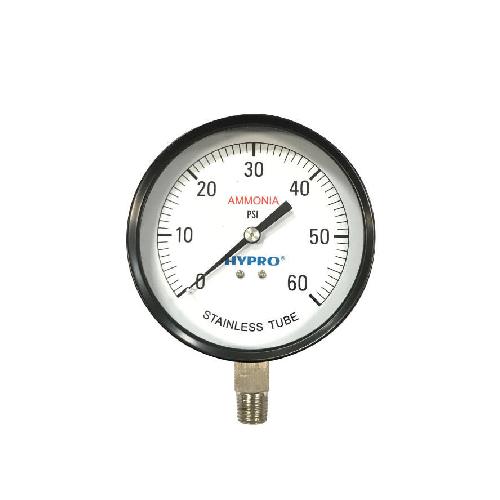 ASG604 Hypro ammonia pressure gauge with a black steel case, white dial, and stainless steel tube connection.