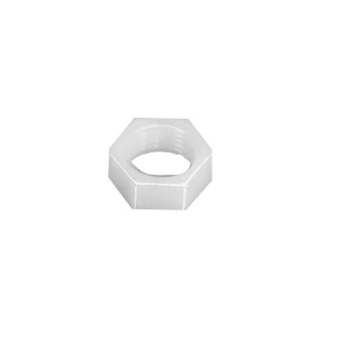 White hexagonal plastic nut with a threaded center hole on a plain white background.