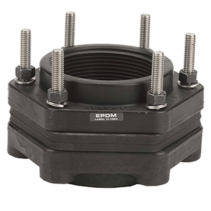 Black BF335(B) threaded pipe flange with EPDM seal, featuring six metal bolts and nuts on a durable plastic base.