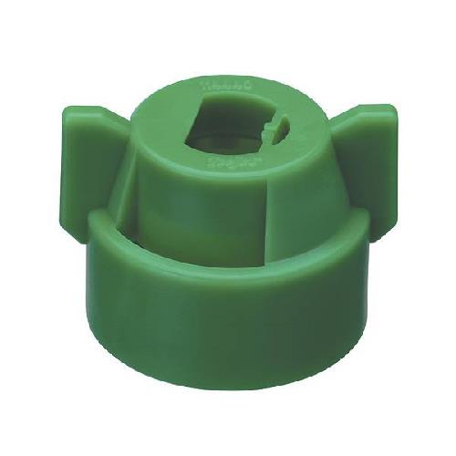 Green plastic spray nozzle cap with two side wings and a central locking mechanism for agricultural equipment.