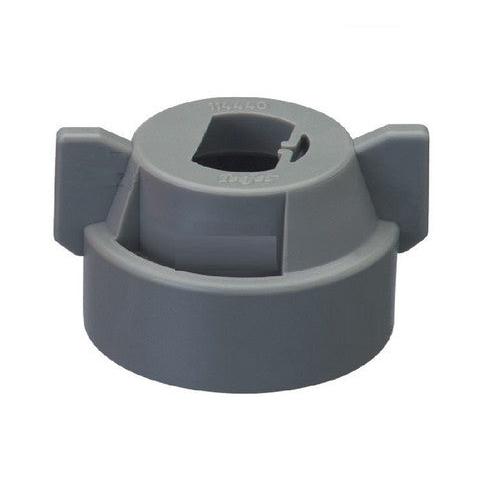 Grey plastic CP114440A-9-CE circular control knob with two side wings and a D-shaped center shaft opening.