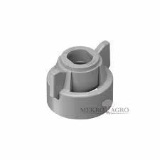 Grey plastic CP114442A-9-CE nozzle cap with a circular base and two side wings for easy manual tightening.
