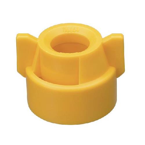 Bright yellow round plastic nozzle cap with side wings and a central opening for agricultural sprayers.