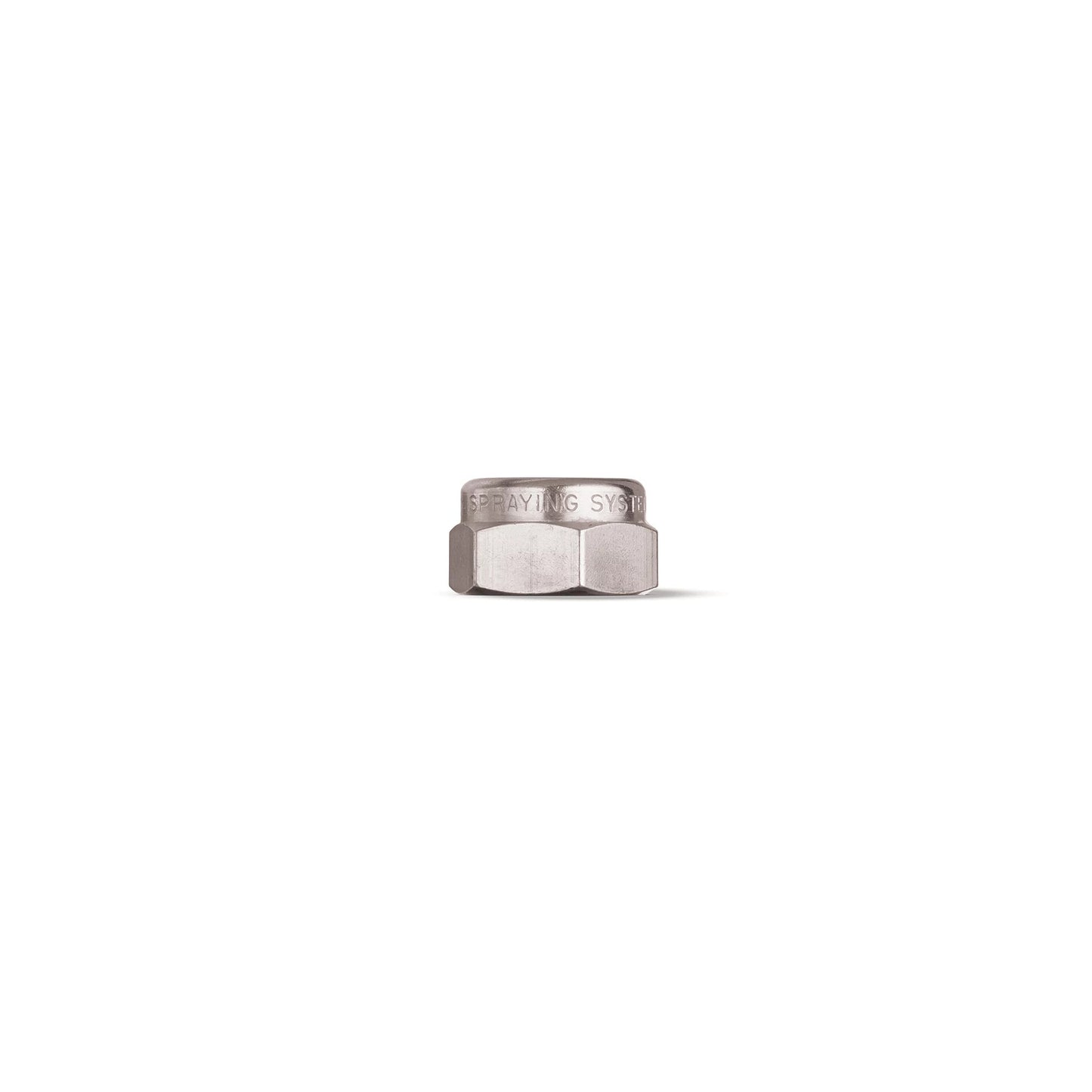 CP1325-SS stainless steel hexagonal cap nut with engraved Spraying Systems branding on a white background.