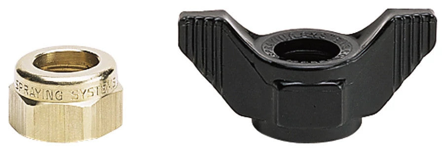 Brass hex nut and black nylon wing nut from Spraying Systems Co. for industrial spray nozzle assembly.