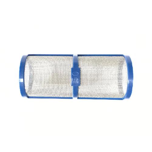 Cylindrical 50-mesh stainless steel filter screen with blue plastic end caps and a central support ring.