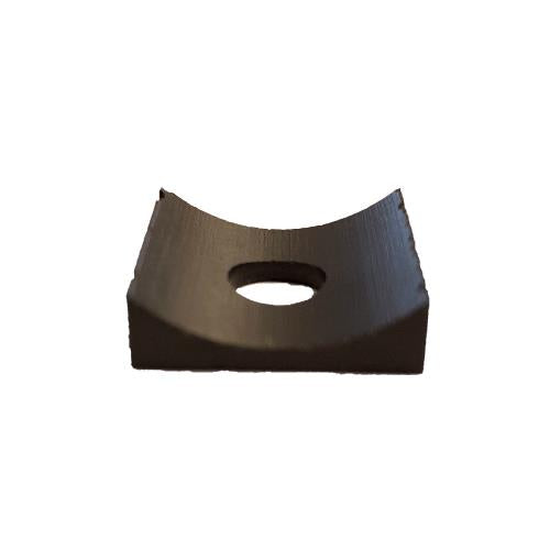 Black curved square washer with a center hole for industrial mounting and alignment applications.