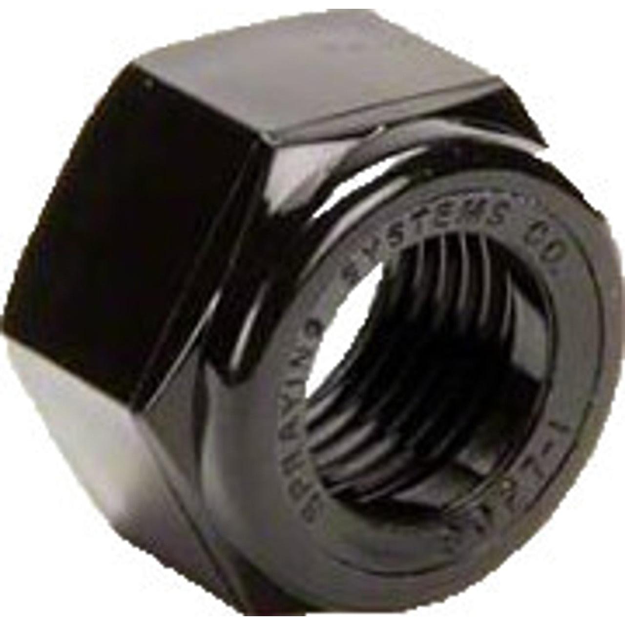 Black nylon hexagonal cap nut with threaded interior and Spraying Systems Co. branding.