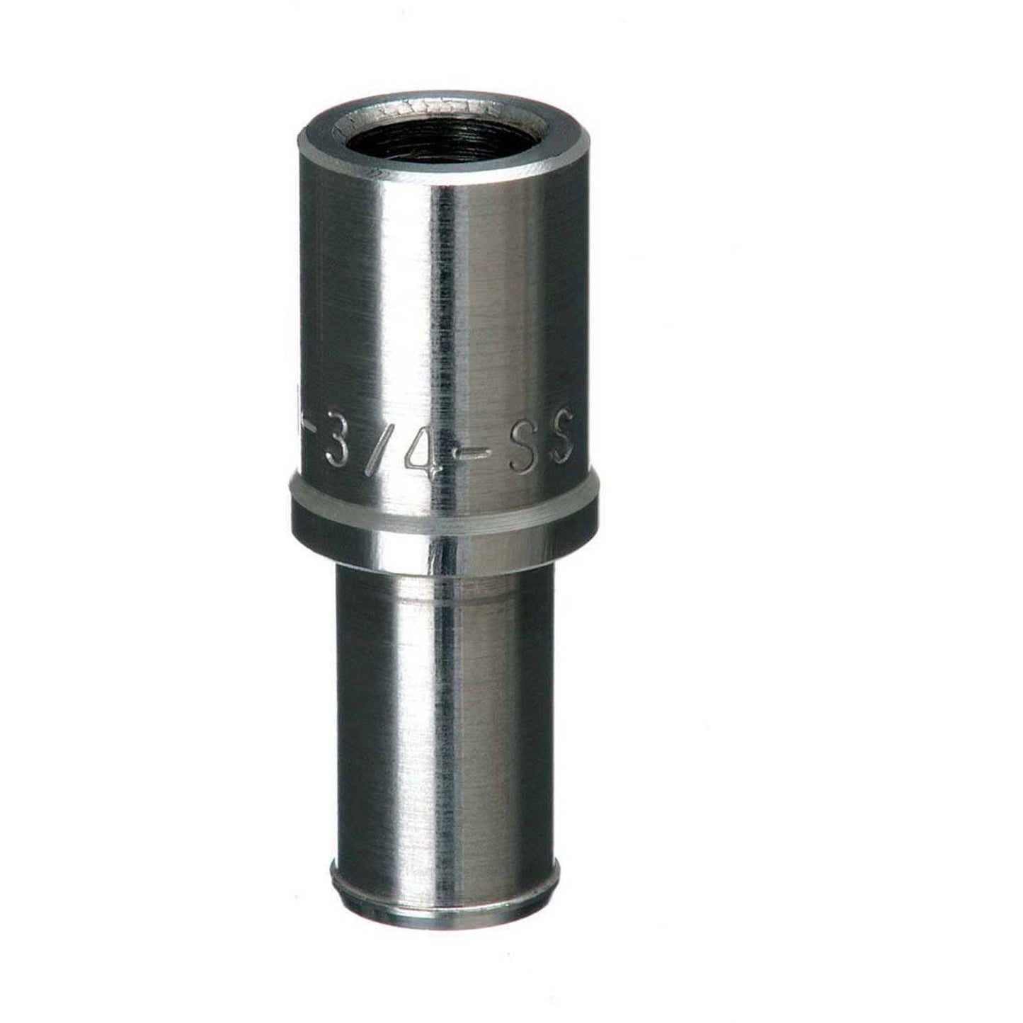 Stainless steel 3/4-inch pipe fitting with a cylindrical design and threaded interior on a white background.