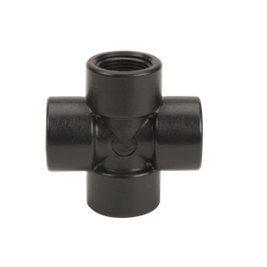 Black CR100 (B) four-way cross pipe fitting with threaded internal ports for plumbing connections.