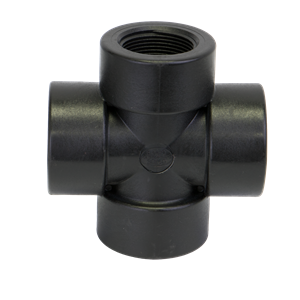 Black plastic four-way cross pipe fitting with threaded internal ports for plumbing connections.