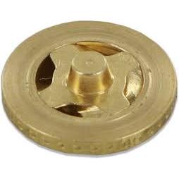 DC25 circular brass valve component with a central raised stud and textured outer rim edge.