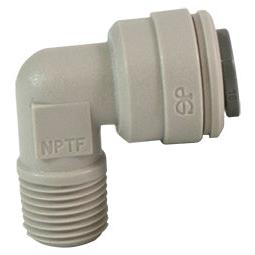 Gray plastic 90-degree elbow push-to-connect fitting with NPTF threaded end for pneumatic or water tubing systems.