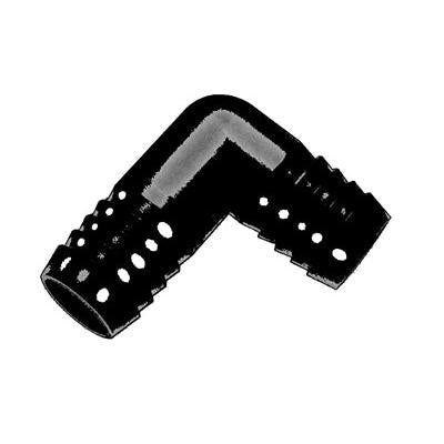 Black plastic 90-degree elbow hose barb fitting with a ribbed design for secure tubing connections.