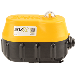 Banjo EVX series electric valve actuator with yellow top cover, black base, and integrated QR code for tech details.