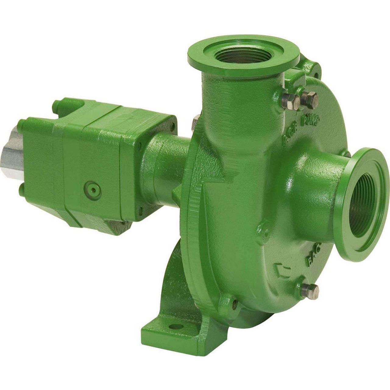 Green hydraulic centrifugal pump with a cast iron housing and dual threaded ports for industrial fluid transfer.