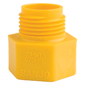 Yellow Banjo GHMT075FPT plastic pipe adapter with hexagonal base and threaded male connection.