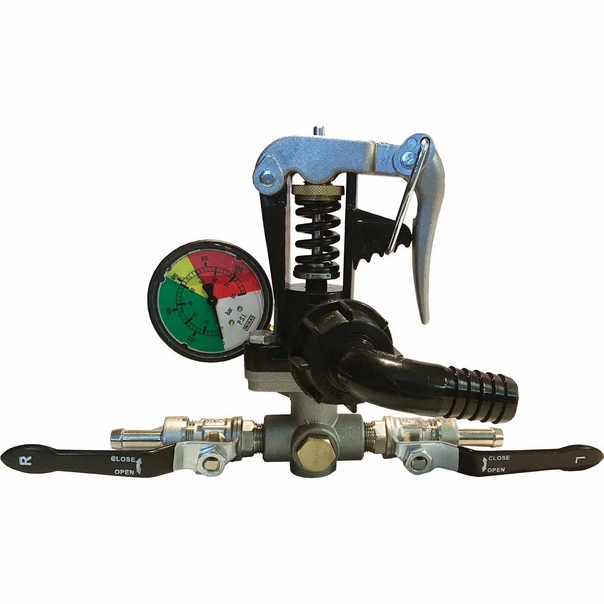 GIC40 industrial pressure regulator with a color-coded gauge, black control levers, and a heavy-duty metal spring mechanism.