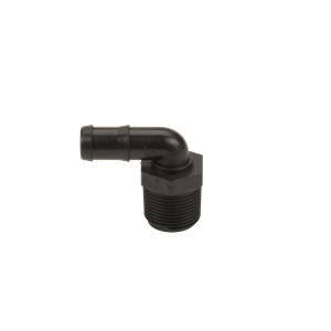 Black plastic 90-degree elbow fitting with a barbed hose connection and a threaded male end.